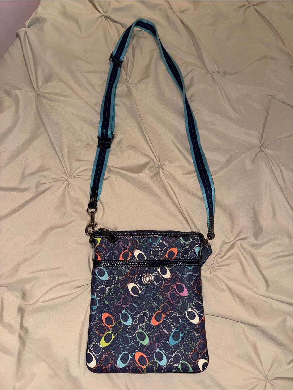 Vintage Coach Navy Multicolor Signature Crossbody Bag with Blue Strap